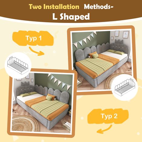 Lit enfant 90x200 cm gris en velours avec lit gigogne 90x190, barrière design couronne, gain de place, sans matelas