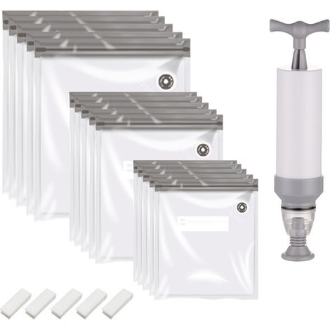 Sac Sous Vide pour Conservation Alimentaire avec Pompe, Sacs en PA+PE (15), Clips Zip (5), Tailles 21x22cm, 26x28cm, 26x34cm, Gris (1/5)