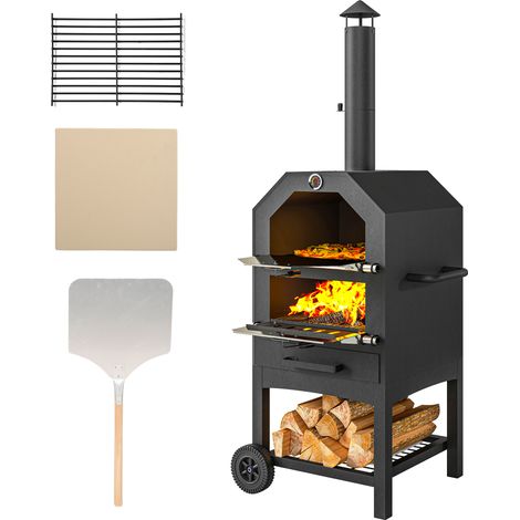 Outsunny 2-In-1 Pizzaofen Outdoor mit Rollen Grillofen mit Schutzhülle Pizzaschaufel 2 Grillnetzen Grillwagen mit Schornstein 3-Tier Holzbackofen für BBQ Stahl Schwarz+Silber 66 x 45 x 158 cm