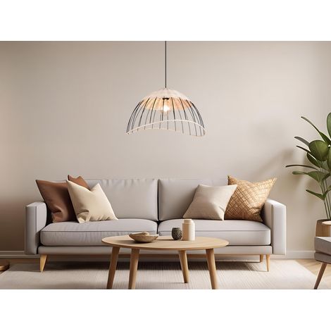 Große Pendelleuchte SANDRINE mit Lampenschirm aus Rattan & Draht, Ø 48cm