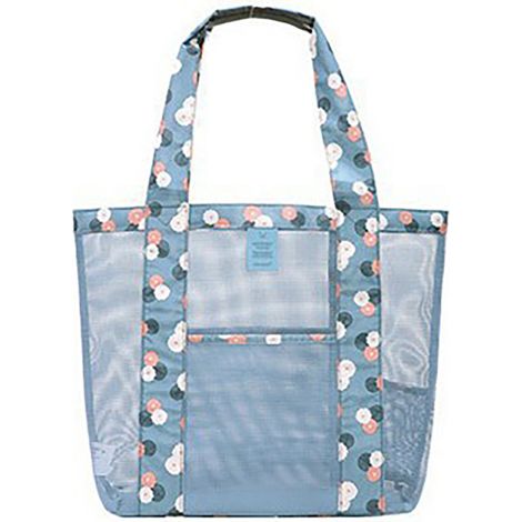 Sac de plage imperméable grand format Oxford bleu fleurs femme, cabas léger pour shopping baignade, grande capacité avec filet (1/5)