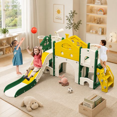 Toboggan pour enfants 194×166×97cm, toboggan 7 en 1, toboggan simple, toboggan château de rêve avec télescope, toboggan pour enfants, panier de basket, pour intérieure et extérieure, PEHD, Jaune (1/5)