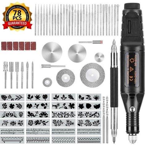 Trousse à Outils de Gravure de 78 Pièces, Stylo Graveur Électrique sur Metal, Gravure Bois Electricité avec Scribe, 52 Bits et 24 Pochoirs, Outil Graver Bricolage pour Bijoux Verre, Métal (1/4)