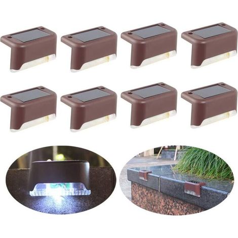 Juego de 8 luces solares LED impermeables para valla, jardín, patio, entrada de vehículos y escaleras (marrón, luz blanca). (1/5)