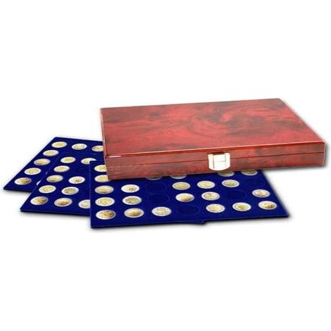 SAFE 5794 Teca Espositore in vero legno con 3 vassoi per 105 monete da 26 mm Ø interno in velluto blu reale Dimensioni: 258 x 205 x 45 mm