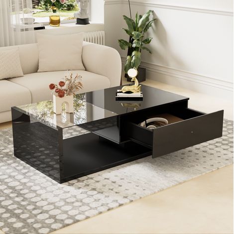 Tavolino da caffè 105x55x32.5 cm nero lucido in truciolare con vetro temperato e LED regolabili (1/5)
