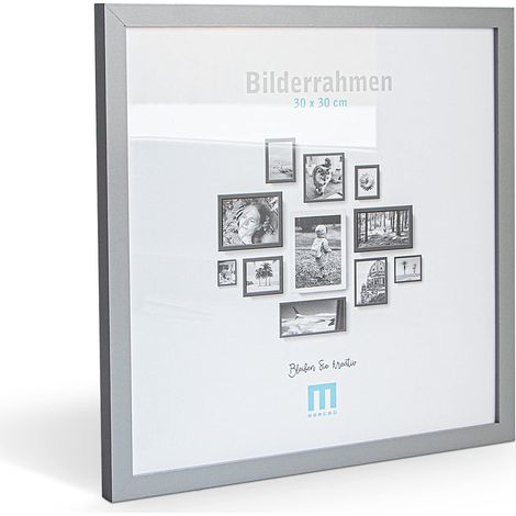 Cadre photo moderne et intemporel en bois MDF gris pour petites photos et images de 30 x 30 cm avec protection en verre acrylique inclus. Il peut être utilisé comme support de table ou à poser au mur