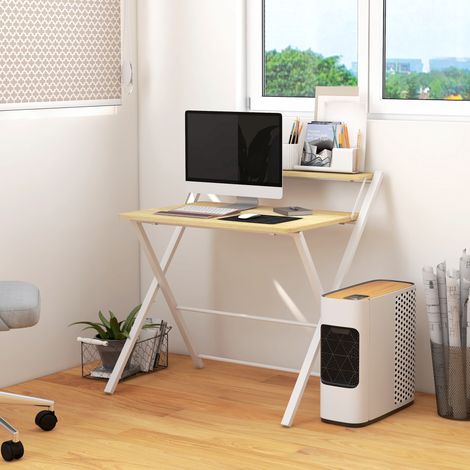 Mesa de Estudio Plegable con Estante Superior Estilo Moderno para Sala Oficina Dormitorio 81,5x70x84 cm Natural y Blanco (1/5)