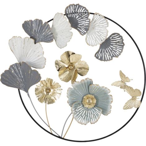 Pannello decorativo da parete Campur Round tondo con fiori, ginkgo e farfalla in ferro bianco e oro 78x74 cm