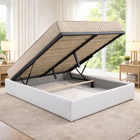 Ensemble Lit Coffre et Matelas 140x190 cm - Couleur : Blanc - Sommier Relevable avec Grand Coffre de Rangement et Vérins Hydrauliques - Matelas Mousse Soutien Ferme Face Hiver Laine - Lit Coffre Déhou (1/5)