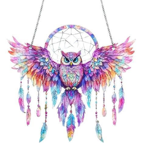 Attrape-soleil en forme de hibou, vitrail en forme de hibou, ailes colorées, motif plume, réflexion de la lumière du soleil, couleurs vives, symbole spirituel décoratif, attrape-rêves pour la maison (1/5)
