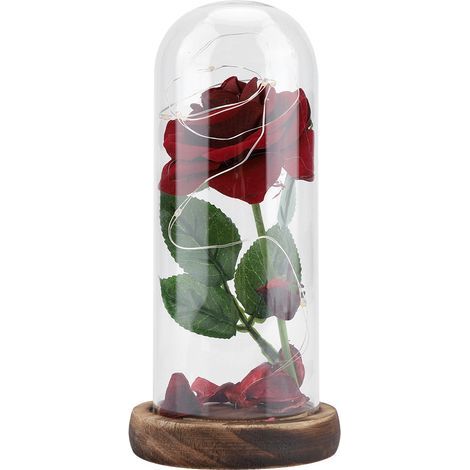Rose préservée, rose en soie rouge sous cloche en verre avec lumières LED et socle en pin, cadeau romantique pour la Saint-Valentin, Noël, la fête des mères, un anniversaire de mariage ou un anniversa (1/5)