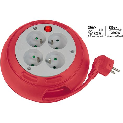 Enrouleur compact 4 prises avec interrupteur thermique - 3m - rouge