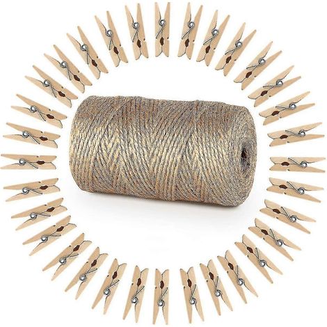 Gartenschnur mit 100 Wäscheklammern, Holz, 3,5 cm, Bastelschnur, Juteschnur, 100 m, Naturjuteschnur, Wäscheklammern, Verpackung, Gastgeschenk A (1/2)
