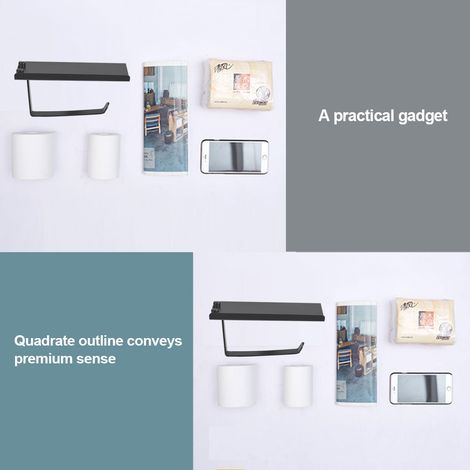 Porte-rouleau de papier toilette aluminium noir, étagère téléphone mural pour salle de bain, accessoire WC fixe, support mural 2-en-1 (1/5)
