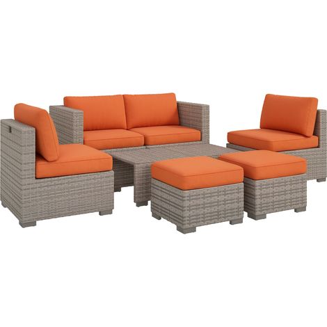 Eight-Piece Rattan Garden Set, with Contrast Cushions - Orange/Grey