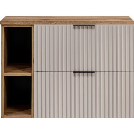 Furnidea - Meuble sous vasque FLOW CACHEMIRE 100 cm avec l'étagère - extension et plan chêne - 2 tiroirs - façades rainurées (1/5)