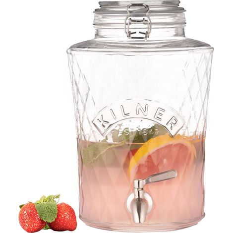 Distributeur de boissons en verre avec robinet en acier inoxydable, couvercle hermétique à clip et joint en silicone, idéal pour les jus, cocktails et boissons infusées 5 l (1/5)