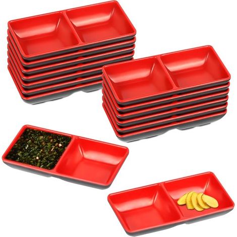 Set di 15 ciotole per salsa di soia a doppio scomparto, ciotole per salse in melamina a doppio scomparto, ciotole separate per salse, adatte per sushi, piatti a doppio scomparto, vassoi per antipasti, (1/2)