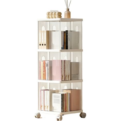 Bibliothèque rotative sur pied avec roulettes silencieuses, étagère de rangement mobile 360°, blanc, 3 niveaux (1/5)