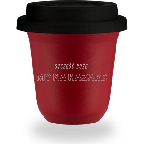 80 ml roter Becher „Gott segne uns, wir spielen“, mit schwarzem Deckel
