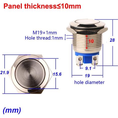 Gebildet 3pcs Bouton Poussoir Momentané Bornes à vis en Acier Inoxydable Bouton étanche à l'eau 19mm 2A 12V/24V/125V/250V(Tête Plate)