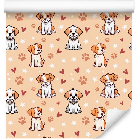 Carta da parati con cani, color crema e pesca, per soggiorno e camera da letto, 50x1000 cm. (1/5)