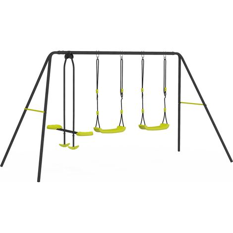 Idmarket – Balançoire 3 agrès portique 2 balançoires et 1 face à face – Structure en acier thermolaqué – Charge 50 kg par siège – Dimensions 310x150x190 cm