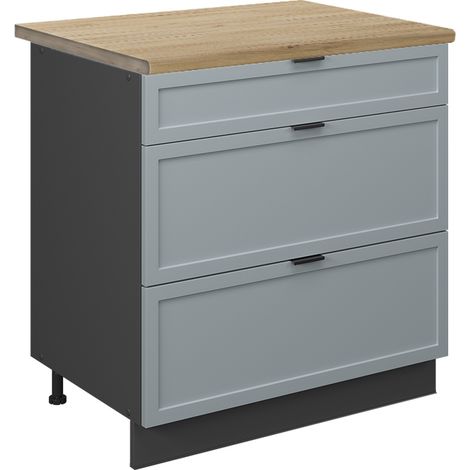 Mobiletto base per cucina Fame-Line, Blu-grigio chiaro, 80 cm con 3 cassetti, PL Rovere, Vicco