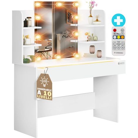CASARIA®Tavolo Trucco Lucia con Illuminazione LED 140x40 Specchio Make Up Toeletta in Legno Bianco 108x40x140cm weiß mit LED (de) (1/8)
