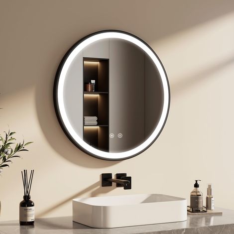 Miroir de Salle de Bain Rond 70 cm, Miroir Rond avec Interrupteur Tactile et Fonction Anti-buée, lumière Blanche 6500K, Miroir Rond Salle de Bain Cadre Noir et bandoulière réglable (1/5)