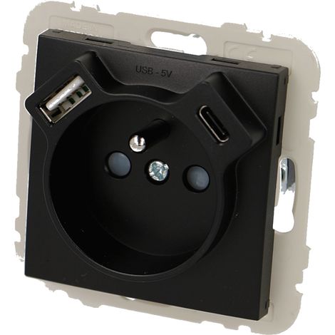 Prise de courant 16A 2P+T noire mat Efapel Logus 90 USB A + USB C (1/2)