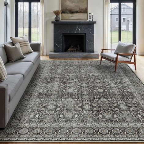 Noir Vintage Tapis Salon 200x300cm Rug Lavable en Machine Grand Antidérapant Rugs,Chambre Adulte Enfant,Carpets Salle a Manger,Bureau,Cuisine,Interieur Doux Poil Ras Carpet (1/5)
