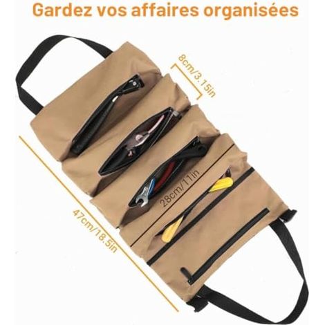 Sac à outils en toile enroulable – Trousse à outils avec 5 poches zippées – Pour électriciens, plombiers, charpentiers, usage domestique, voitures et motos (kaki) (1/5)