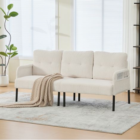 Canapé 3 places en velours côtelé beige 171 x 72 x 80 cm avec poche latérale et pieds métal (1/5)