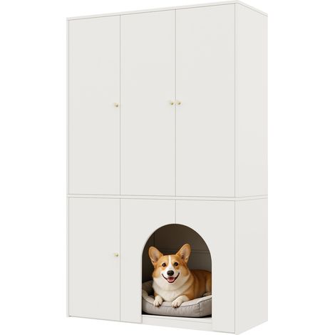 Kleiderschrank mit 3 Türen, Kleiderstange und Haustierhöhle, aus MDF, Weiß, 120 x 50 x 200 cm (1/5)