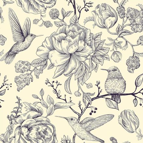 Ineasicer Peony Birds Flower Vintage Beige Adhesive Wallpaper for Furniture, Living Room, Kitchen, Washable Wall Covering, Bedroom, 44.5cm×300cm (1/4)