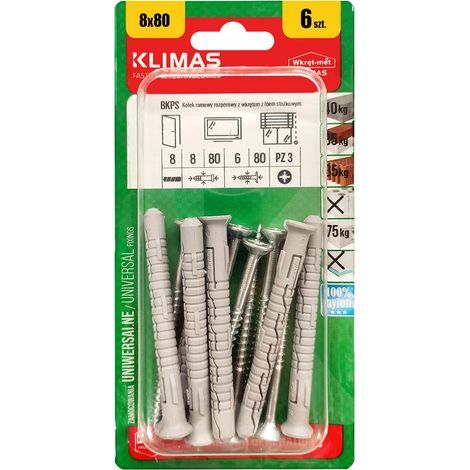 Chevilles De Cadre Klimas 8 x 80, Tete Fraisee PZ3, Blister De 6