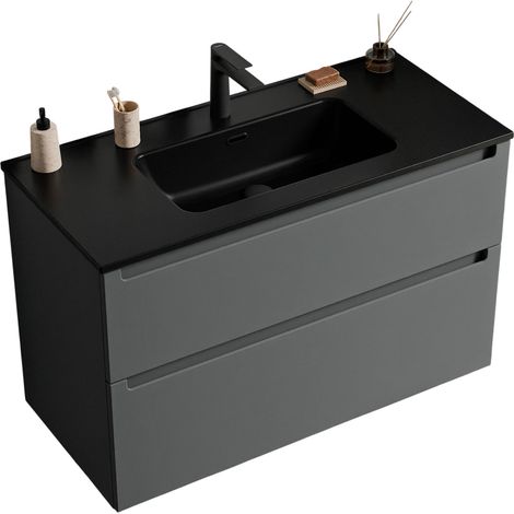 Waschtischunterschrank Bernstein VIREO 80 cm mit Waschbecken Schwarz - Badmöbelfarbe Anthrazit matt