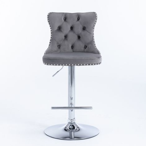 Tabourets de bar pivotants en velours gris avec dossier, hauteur réglable 63-84 cm, base en chrome stable, lot de 2 (1/5)