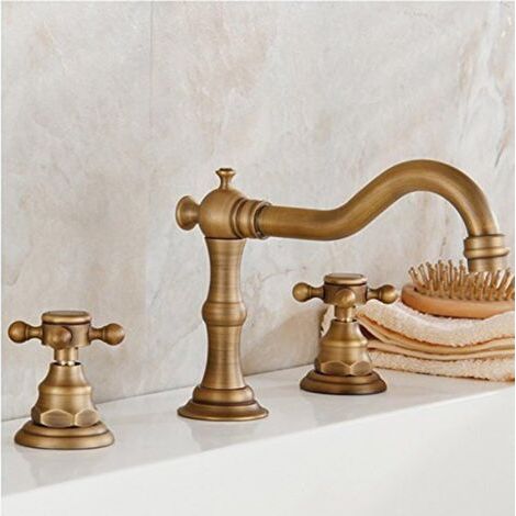 Laiton Massif Deux poignées Trois Trous Widespread Bathroom Laiton Robinet d'évier Antique Pont Fini Mont Baignoire Robinetterie Durable Vintage Flexible Robinets (1/4)