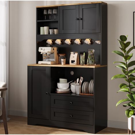 Mueble alto de cocina 100 x 40 x 163 cm con LED, enchufes, USB y nicho microondas negro HAVRYA (1/5)