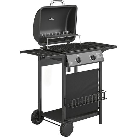 Barbecue a Gas 99x56x95 cm 2 Bruciatori Tavolini Laterali Vassoio Raccogli Grassi in Metallo e Acciaio Nero (1/5)