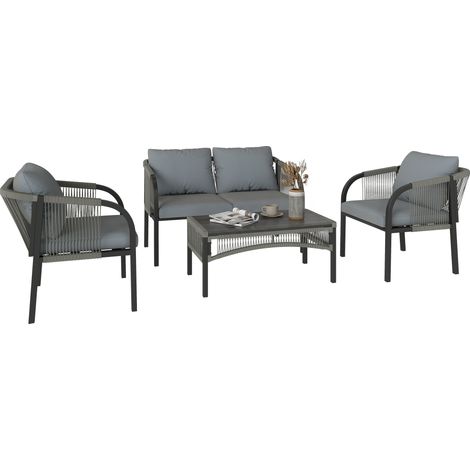 Outsunny 4 Piece Rattan Garden Furniture Set w/ Steel Frame, Cushions, Grey