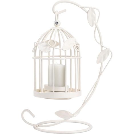 Cage à Oiseaux Décorative, Style de Cage À Oiseaux Creux Motif Bougeoir en Fer Creative Carve Motif Arts Bougeoir, 23 x 14cm(Blanc) (1/4)