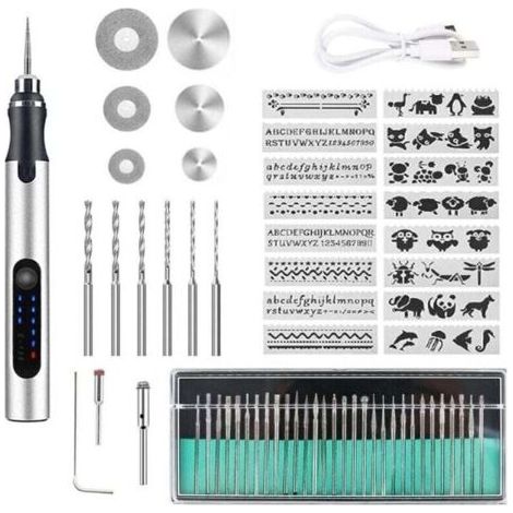 Stylo Graveur Électrique San Fil, USB Rechargeable Trousse à Outils De Gravure, Mini Outil Graver, Graveur Rotatif de Bricolage Portable Pour Bijoux Verre Plastique Bois Métal (1/4)