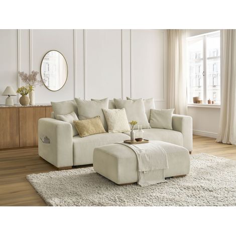 BOBOCHIC - Canapé droit convertible coffre SIDONIE velours côtelé avec pouf Beige (1/5)