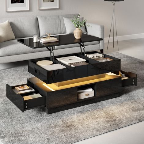 Table basse relevable 90x48x42.5 cm noire en MDF brillant avec LED, prise intégrée et rangements (1/5)