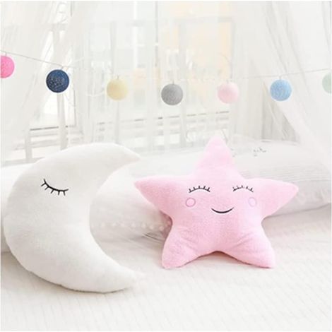 Coussin doux en peluche en forme d'étoile, lune et nuage, coussin frais pour lit, bureau, canapé, siège auto, accessoires de fête (Lune (53 x 30 cm), rose) (1/4)