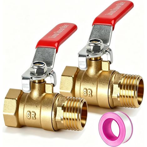 Lot de 2 robinets à boisseau sphérique en laiton 1/2" AG/IG PN25 DN15 Passage complet avec poignée de levier avec bande d'étanchéité pour conduites d'eau et gaz de chauffage, système d'irrigation (1/5)